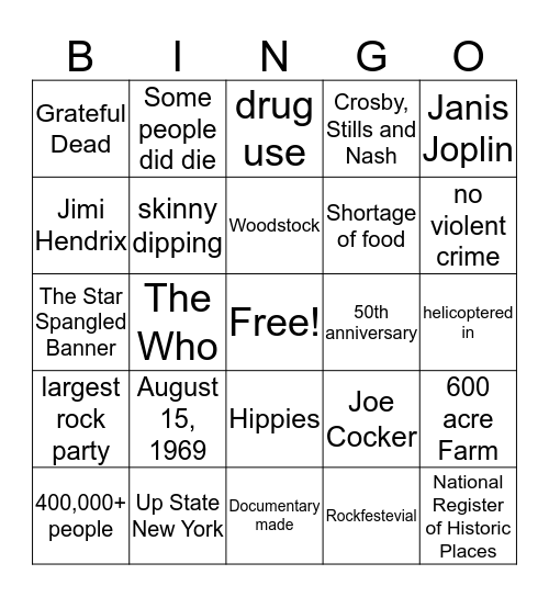 Woodstock Bingo Card