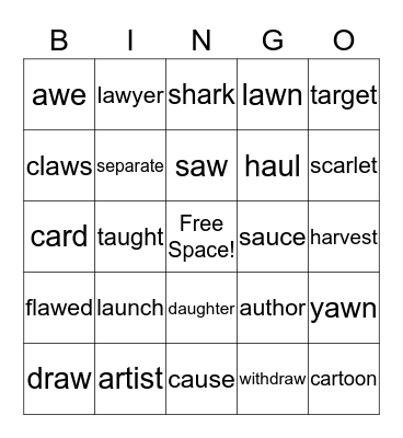 ar as in Star and au/aw as in Claw Bingo Card
