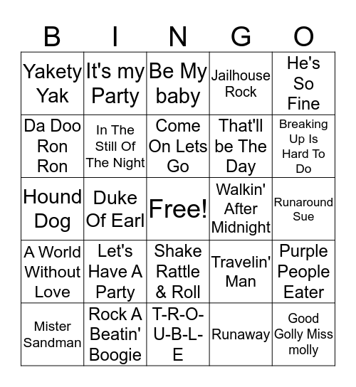 Sock Hop Bingo Card