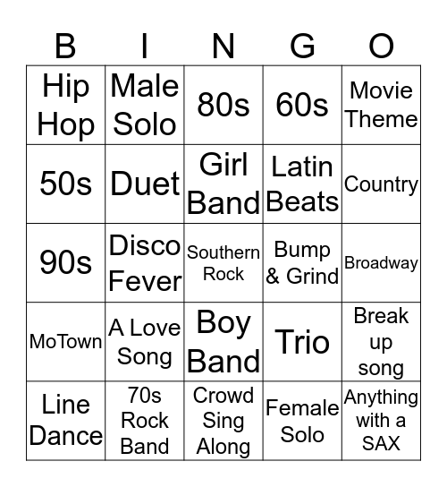 Categories and Artists Bingo Card