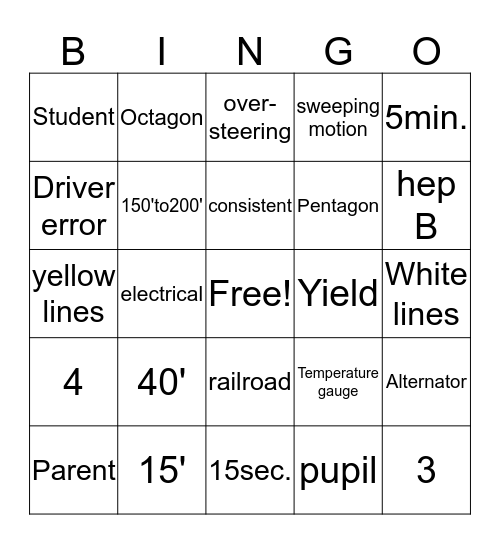 School Bus Bingo Card
