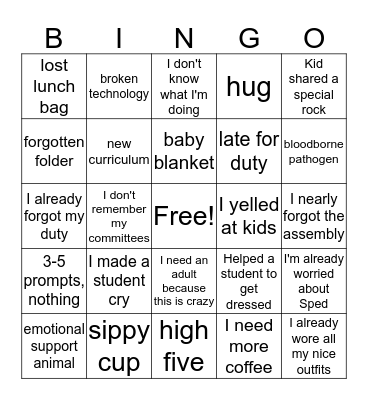 1st Grade Bingo Card