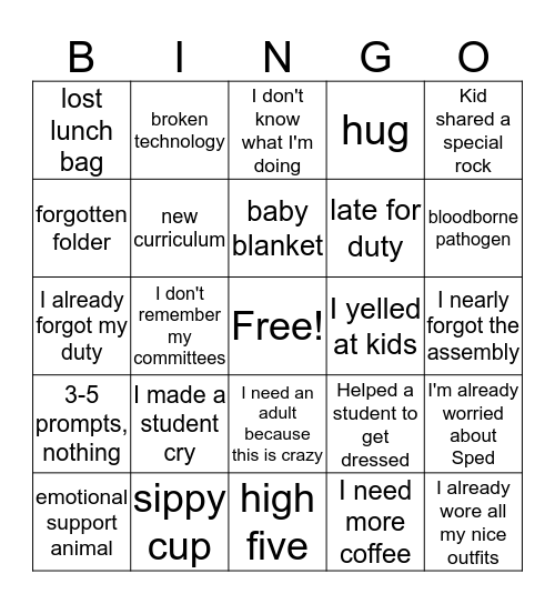 1st Grade Bingo Card