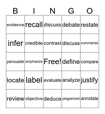 Academic Vocabulary Bingo Card