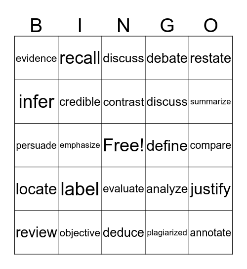 Academic Vocabulary Bingo Card