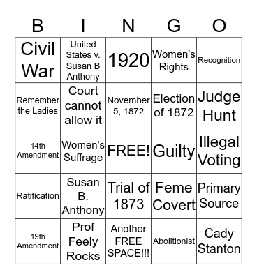 The Case of the US v. Susan B Anthony  Bingo Card
