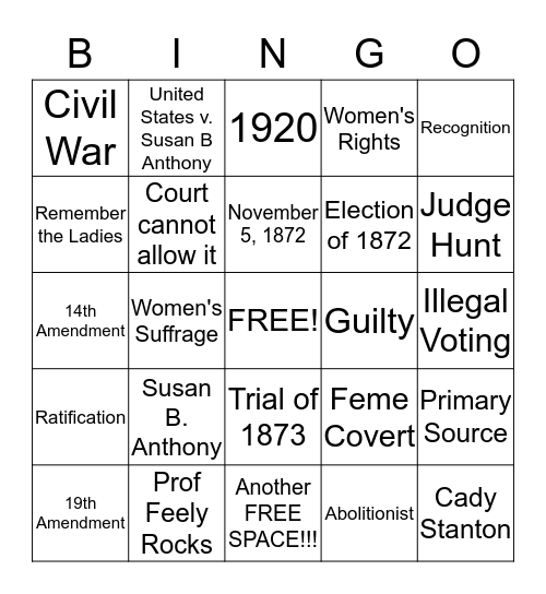 The Case of the US v. Susan B Anthony  Bingo Card