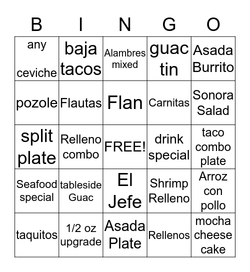 Sonora Bingo Card