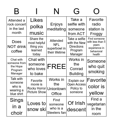 CRSCI Bingo - As you fulfill each box, get their initials . First 5 people to fill their card and return to Lori Potts wins a prize! Bingo Card