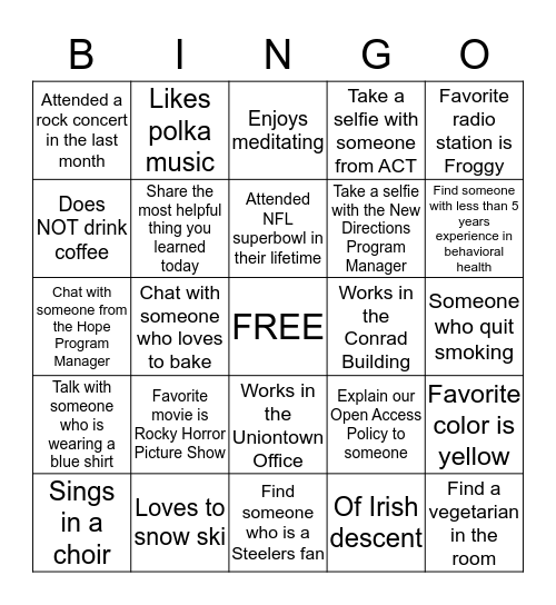 CRSCI Bingo - As you fulfill each box, get their initials . First 5 people to fill their card and return to Lori Potts wins a prize! Bingo Card