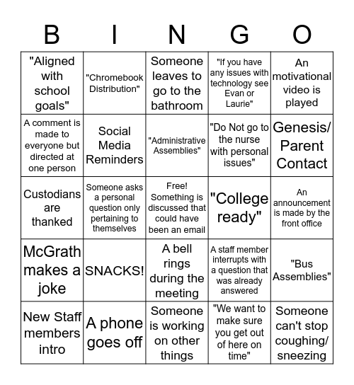 Faculty Meeting Bingo Card