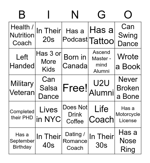 Ascend Live Bingo - Day One Bingo Card