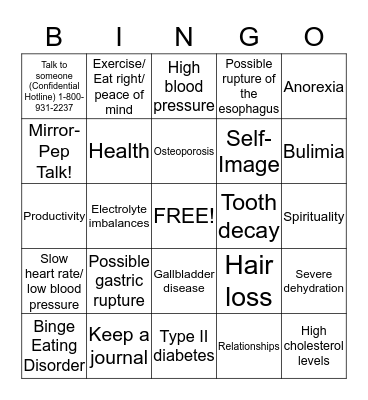Body Peace and Eating Disorder Awareness Bingo Card