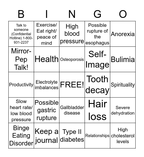 Body Peace and Eating Disorder Awareness Bingo Card