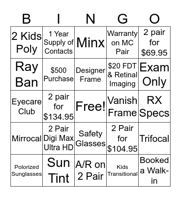 Chesterfield America's Best Contacts & Eyeglasses Bingo Card