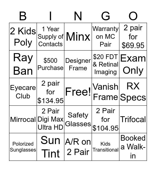 Chesterfield America's Best Contacts & Eyeglasses Bingo Card