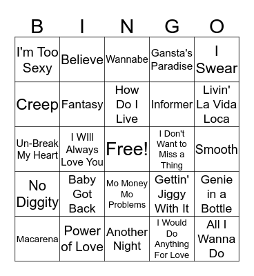 The Entertainment Staaf Musical BINGO - 1990's Bingo Card