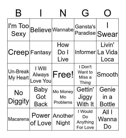 The Entertainment Staaf Musical BINGO - 1990's Bingo Card