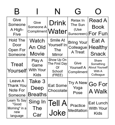Teacher Self Care Bucket List Bingo Card