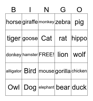 Animals Bingo Card