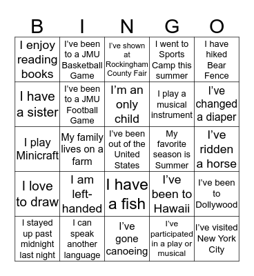 GETTING TO KNOW YOU BINGO Card