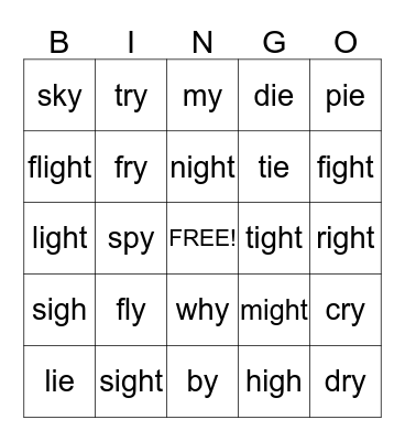 Long I Vowel (igh, y, ie) Bingo Card