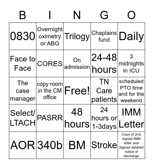 CM In-Service Bingo Card