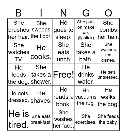 Simple sentences - Daily Routines Bingo Card