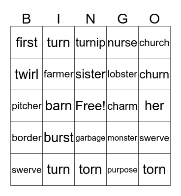 R-Controlled Vowel Bingo Card