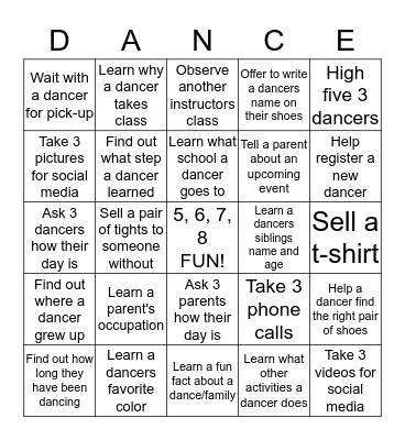 Dance 101 - Customer Service Contest Bingo Card