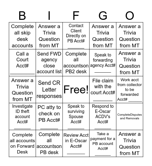 Specialist Bingo Card