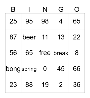 Spring Break 2K14 Bingo Card