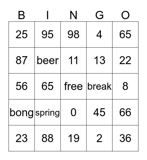 Spring Break 2K14 Bingo Card