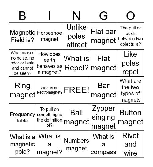 Magnets Bingo Card