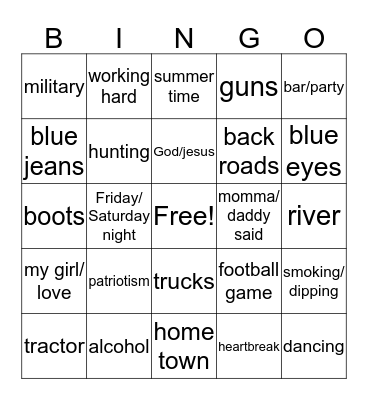 country music bingo Card