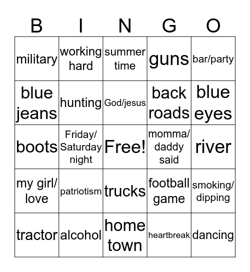 country music bingo Card