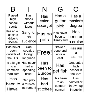 Getting to Know You Bingo Card