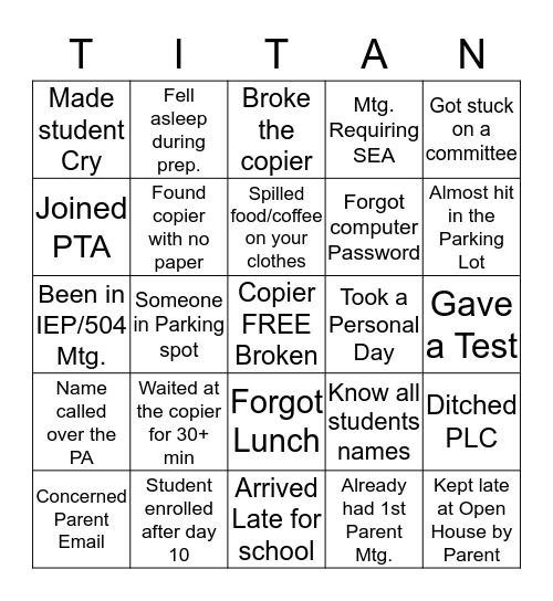 Titan Bingo Card