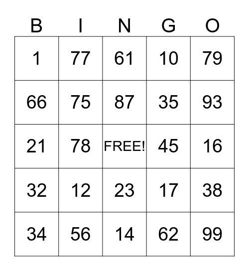 NUMBER BINGO Card