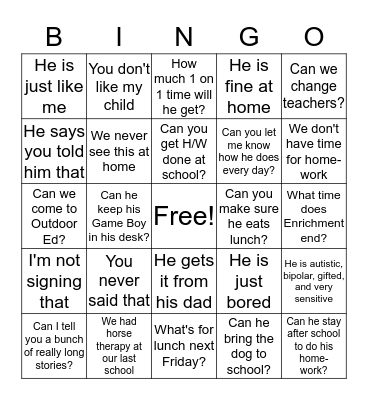 IEP Meeting Bingo Card