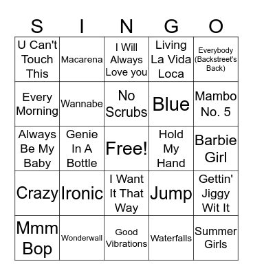 90s Pop Bingo Card