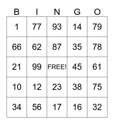 NUMBER BINGO Card