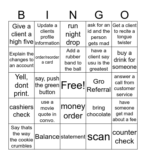Bank bingo Card