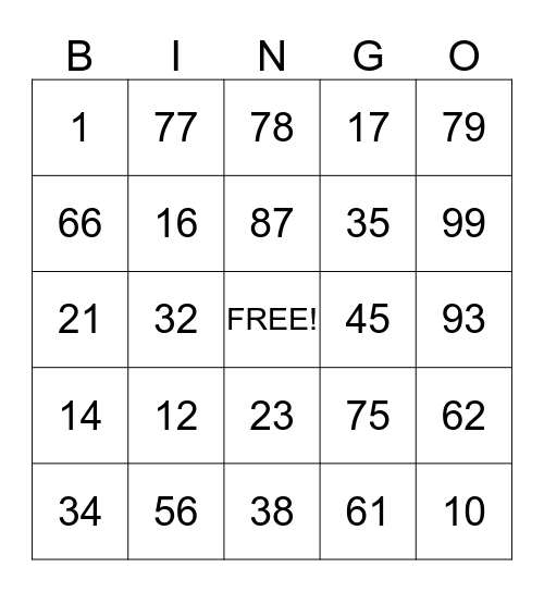 NUMBER BINGO Card
