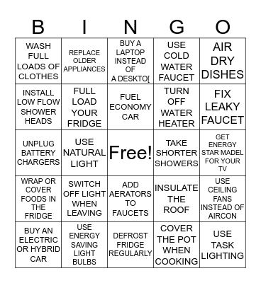 Tips to Save Energy Bingo Card