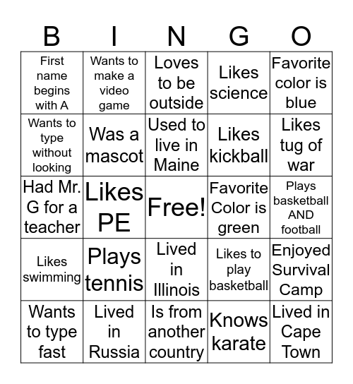 Get To Know You Bingo Period 2 Bingo Card