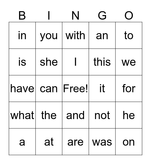 Kindergarten List Bingo Card