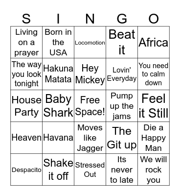 PE Singo Bingo Card