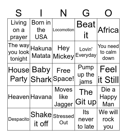 PE Singo Bingo Card