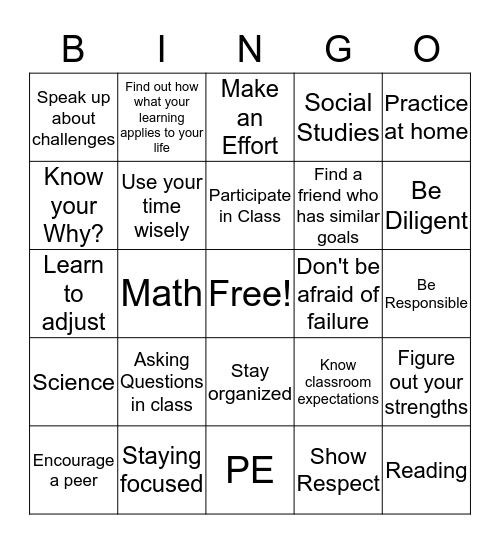 School Success Bingo Card